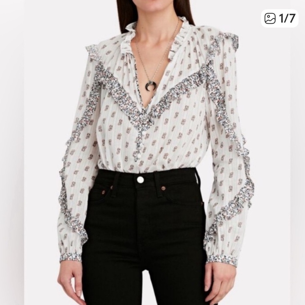 Veronica Beard Women's Floral Ruffle V-Neck Blouse 2 - Picture 2 of 9